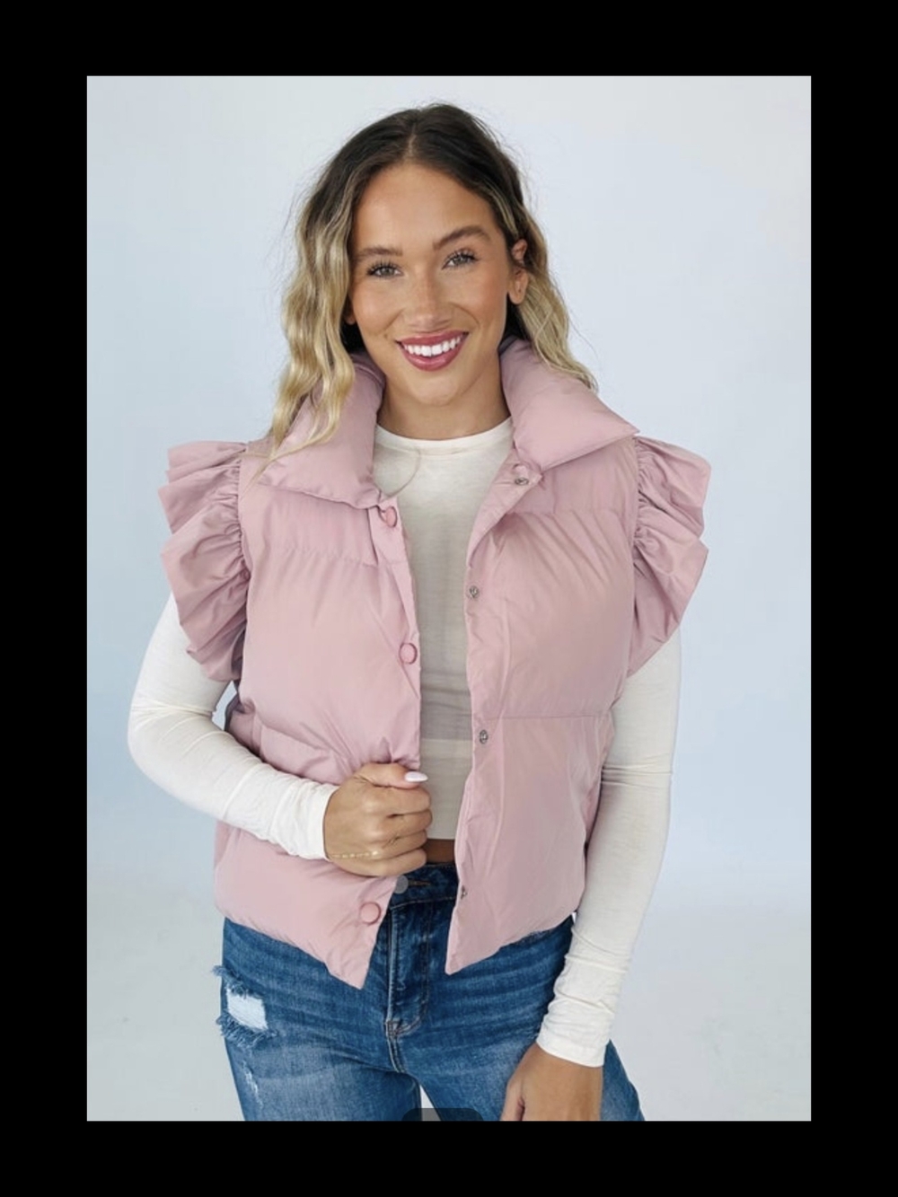 New BUCKETLIST Dusty Pink Ruffled Cap Sleeve Puffer Vest Size Large